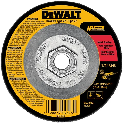 Aluminum Oxide 4.5-in Type 27 Grinding Wheel, 5/8-in Arbor, 1/4-in Thick