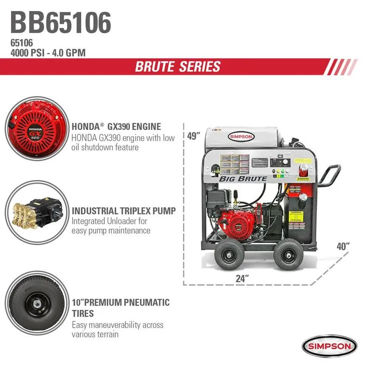 Simpson Big Brute 4000 PSI at 4.0 GPM Hot Water HONDA GX390 Gas Pressure Washer with COMET Triplex Plunger Pump Professional, photo 3 of 6