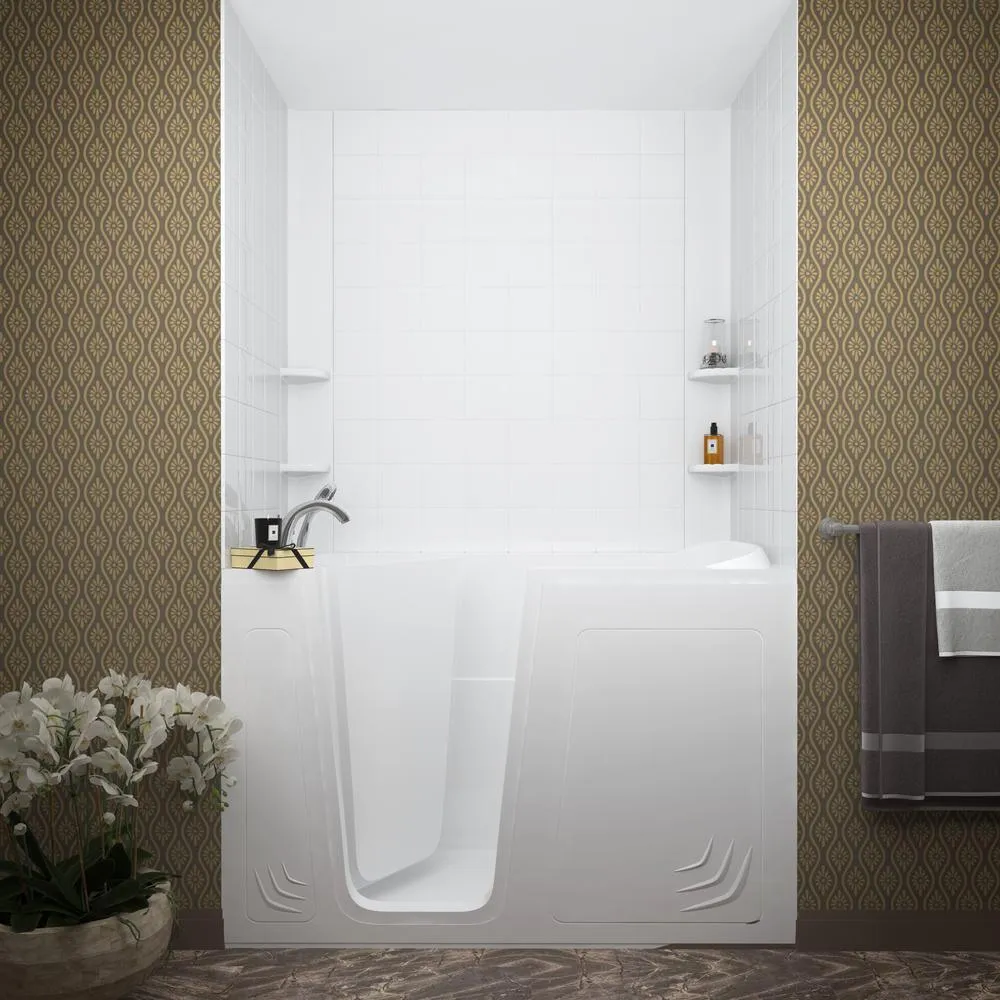 Universal Tubs Rampart 5 ft. Walk-in Whirlpool and Air Bathtub with 6 in. Tile Easy Up Adhesive Wall Surround in White, photo 7 of 21