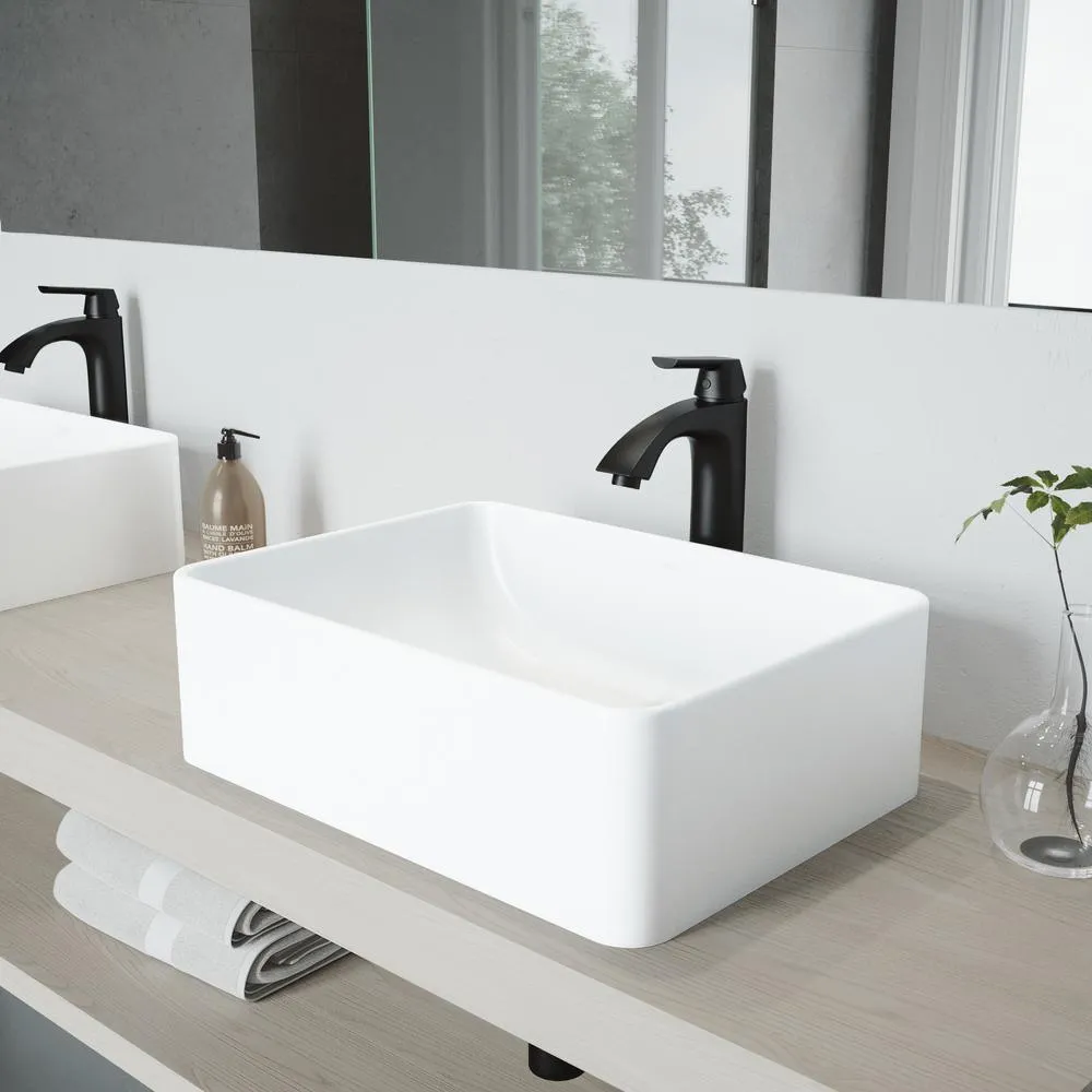Amaryllis White Matte Stone Vessel Bathroom Sink Set with Linus Vessel Faucet in Matte Black, photo 3 of 12