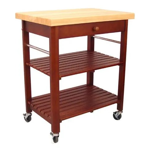 Red Wood Base with Rubberwood Top Kitchen Cart (29 × 29 × 20 in)