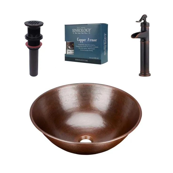SINKOLOGY Eddington All-In-One 16 in. Copper Vessel Bathroom Sink with Pfister Ashfield Bronze Faucet and Drain, photo 3 of 5