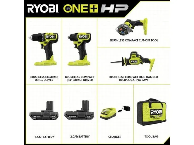 RYOBI ONE+ 18V Brushless Cordless 4-Tool Combo Kit with (2) 2.0 Ah Batteries, Charger, Bag w/Free Jig Saw, photo 8 of 8