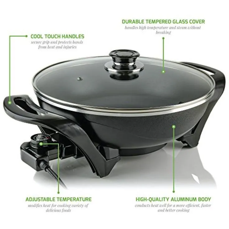 13 In. Black Non-Stick Electric Skillet with Aluminum Body Adjustable Temperature Controller Tempered Glass Cover, photo 7 of 10