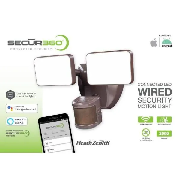 SECUR360 Wi-Fi Connected Bronze Wired Twin Head Voice Activated Motion Activated Outdoor LED Security Flood Light 2000 Lumens, photo 3 of 3