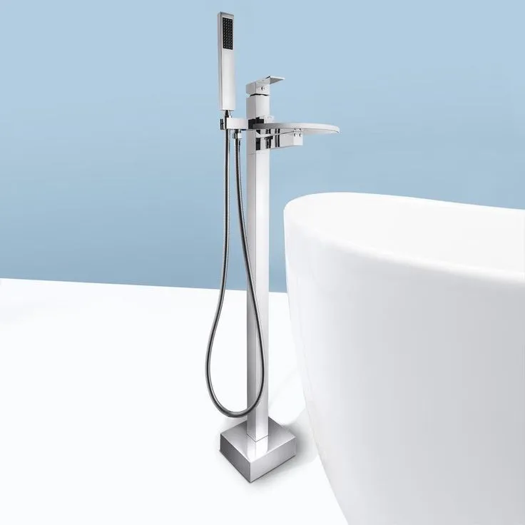 1-Handle Freestanding Floor Mount Roman Tub Faucet Bathtub Filler with Waterfall Style and Hand Shower in Chrome, photo 5 of 10