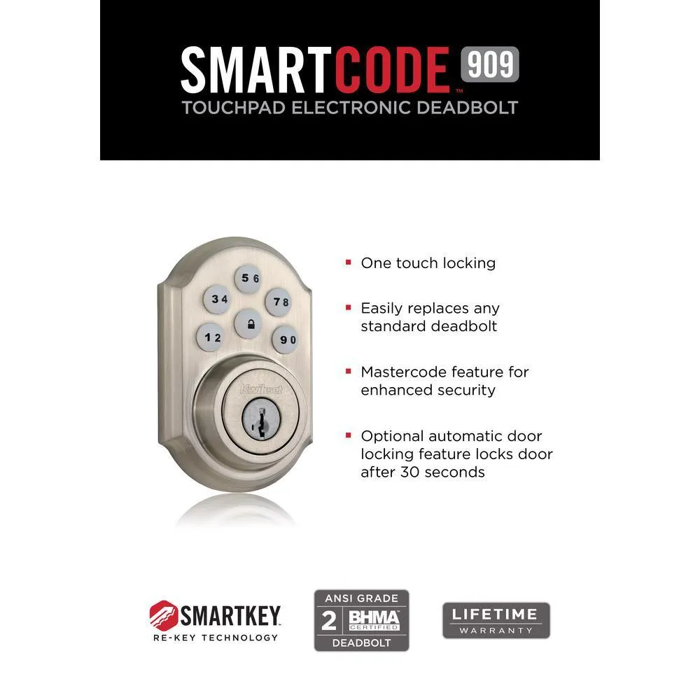 Kwikset SmartCode 909 Satin Nickel Single Cylinder Electronic Deadbolt Featuring SmartKey Security, photo 4 of 17