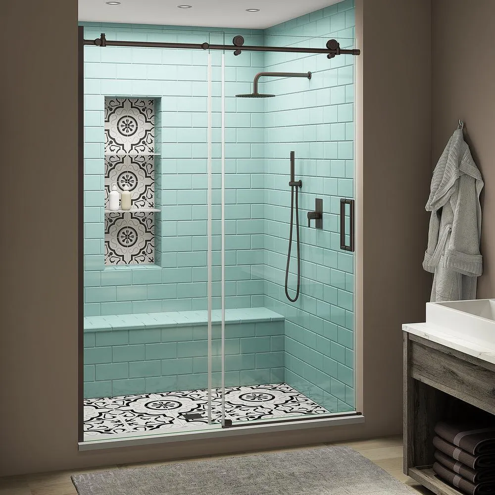 Coraline XL 56 - 60 in. x 80 in. Frameless Sliding Shower Door with StarCast Clear Glass in Brushed Gold Right Hand, photo 11 of 22