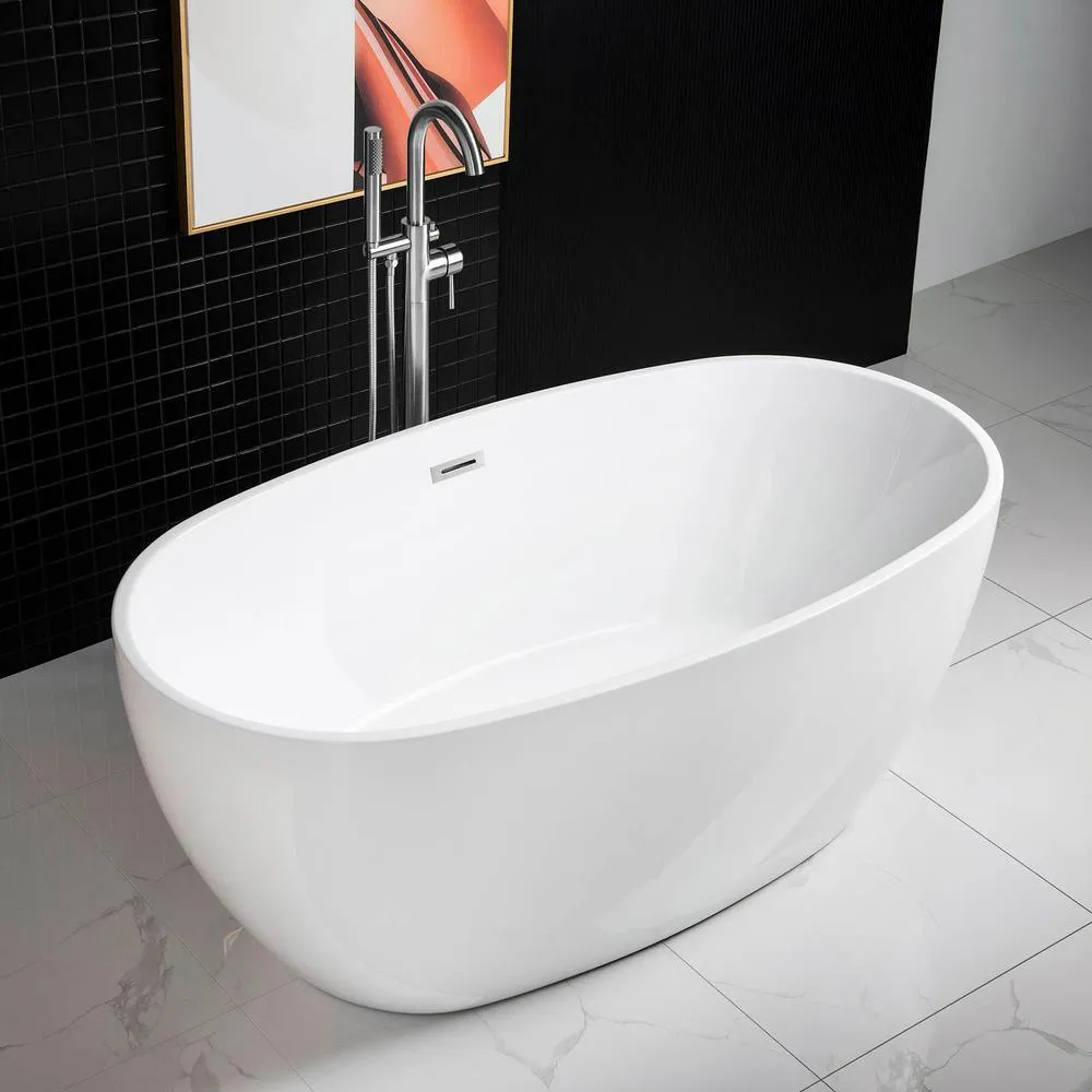 WOODBRIDGE Dieppe 59 in. Acrylic Double-Ended Flat Bottom Freestanding Bathtub with Chrome Overflow and Drain, White, photo 2 of 17