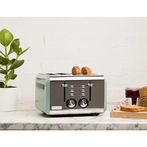 COTSWOLD 1500 W 4-Slice Wide Slot Sage Green Retro Toaster with Removable Crumb Tray and Adjustable Settings