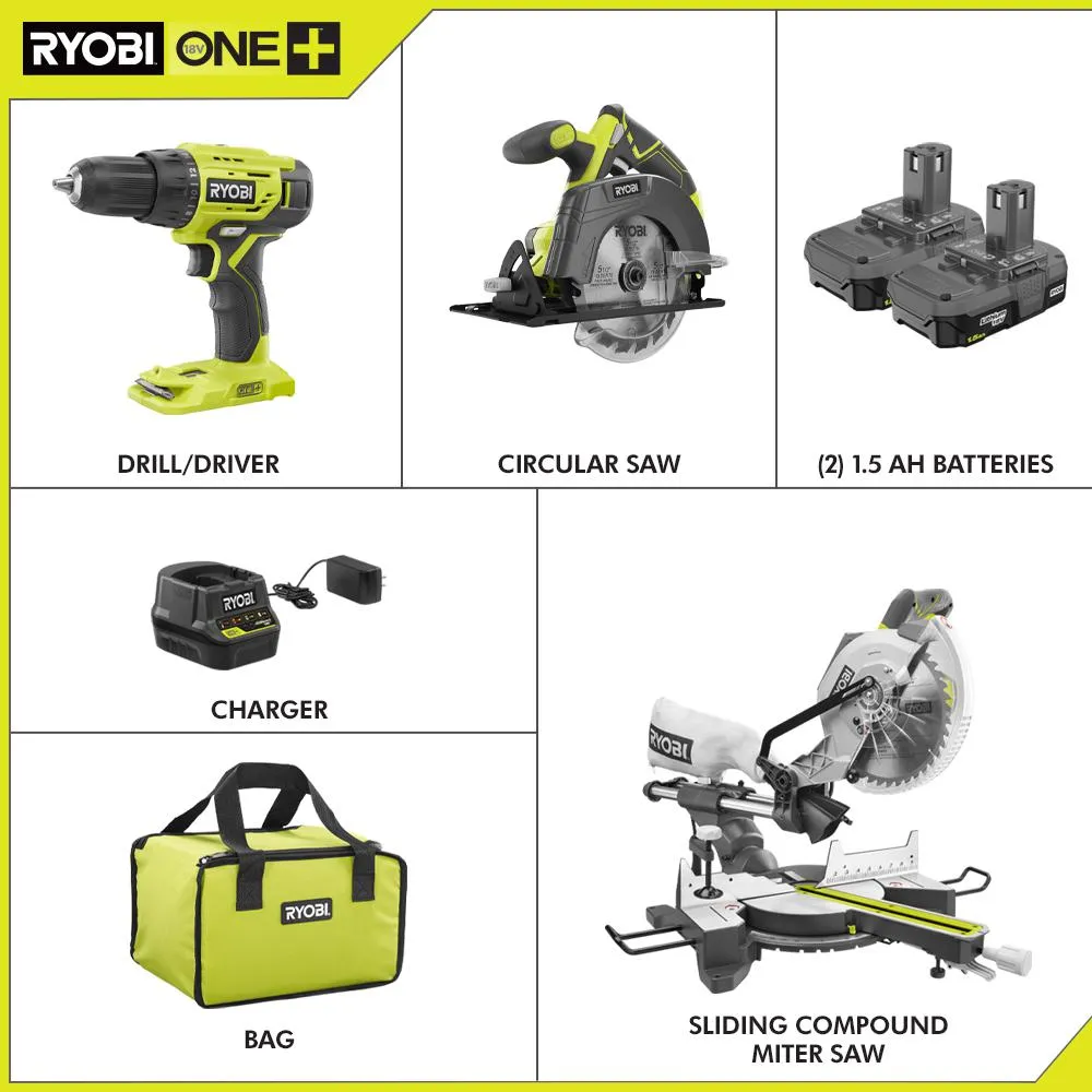 RYOBI 15 Amp 10 in. Sliding Compound Miter Saw and 18-Volt Cordless ONE+ Drill/Driver, Circular Saw Kit, photo 2 of 15