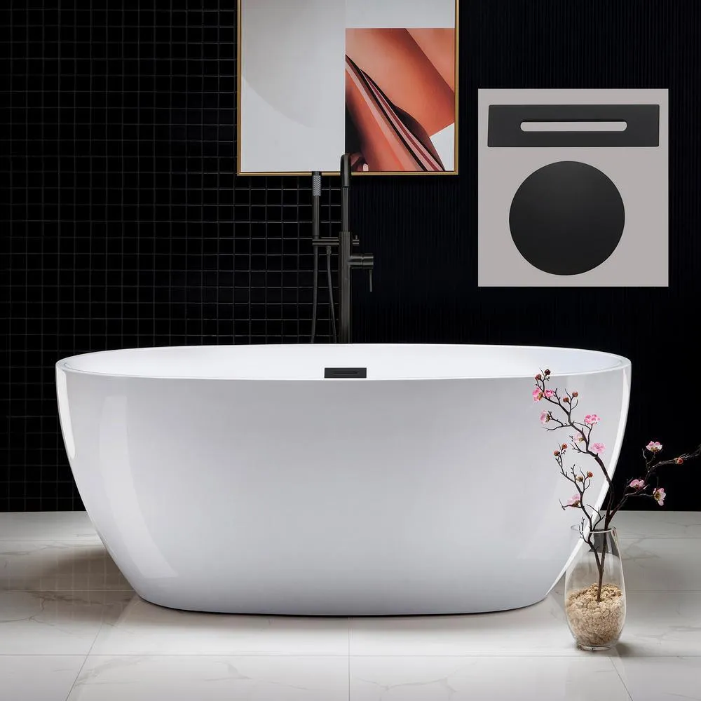 WOODBRIDGE Dieppe 59 in. Acrylic Double-Ended Flat Bottom Freestanding Bathtub with Chrome Overflow and Drain, White, photo 7 of 17