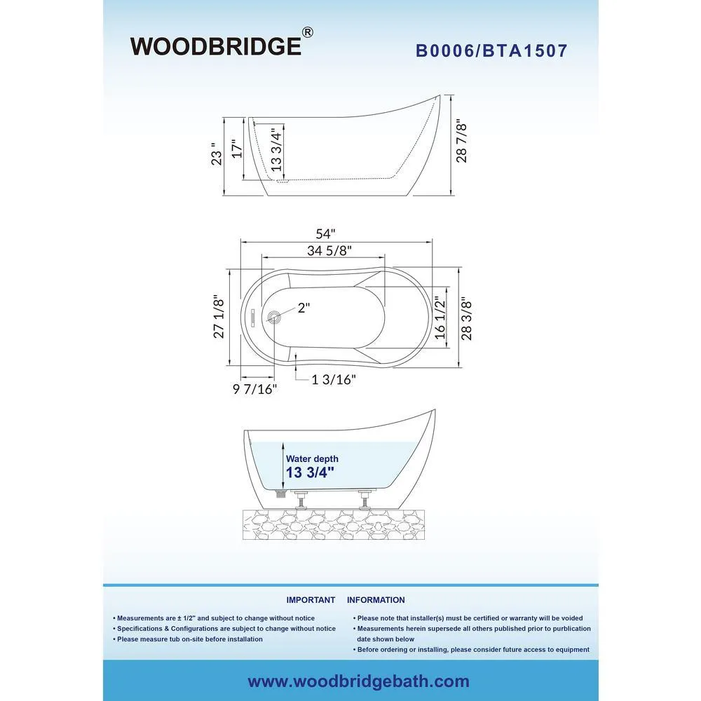 WOODBRIDGE Lannion 54 in. Acrylic Freestanding Single Slipper Flat Bottom Soaking Bathtub with Drain and Overflow, White, photo 6 of 7