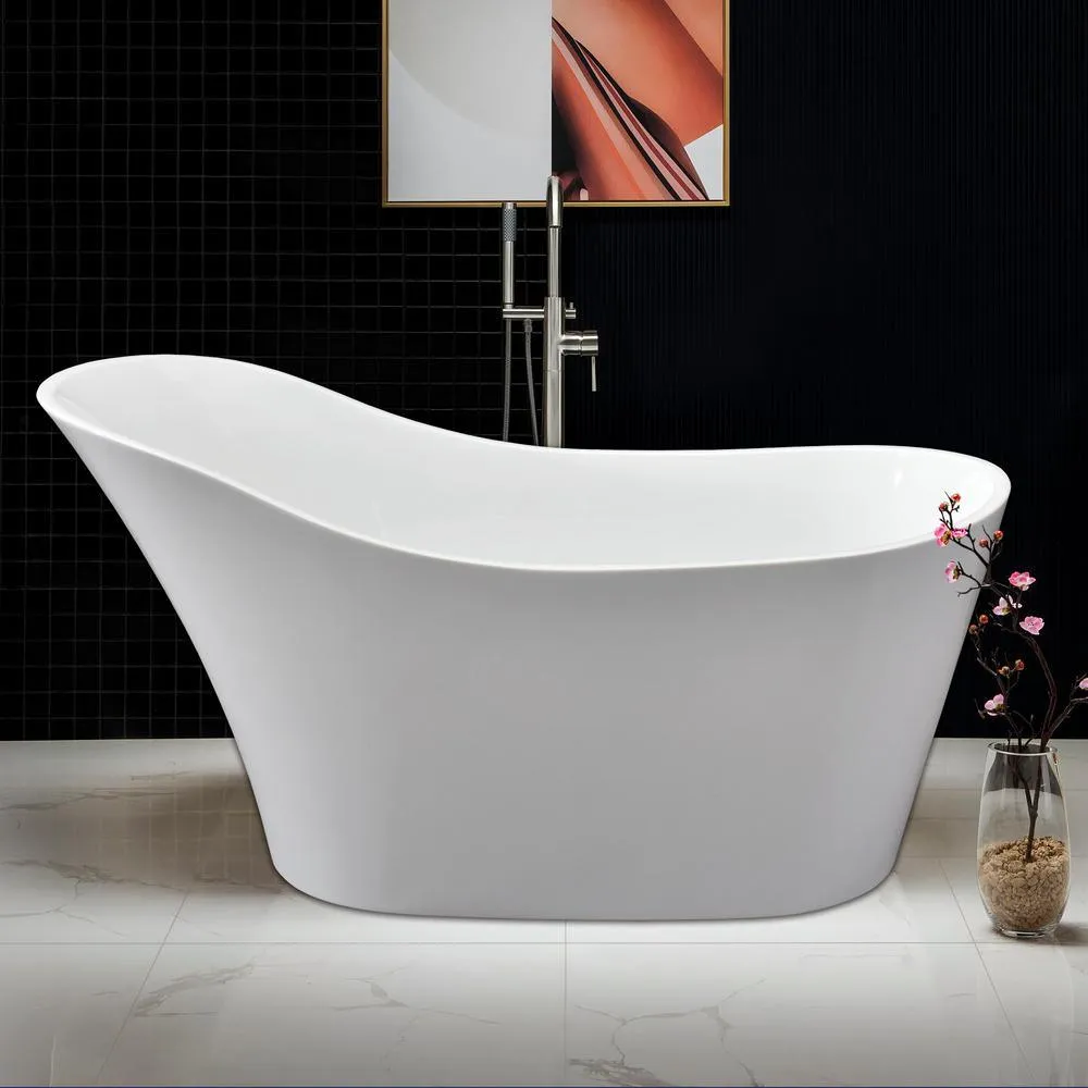 WOODBRIDGE Bradbury 59 in. Acrylic Freestanding Single Slipper Soaking Bathtub with Drain & Overflow Included, White, photo 2 of 16