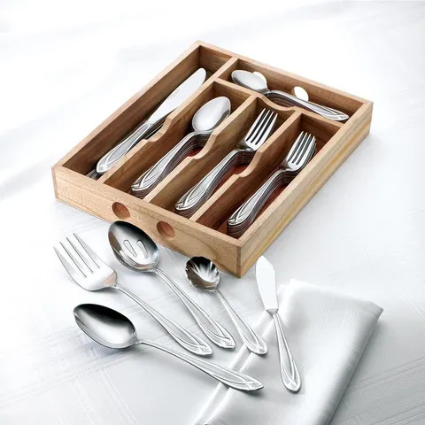 Lace Frosted 54-Piece 18/0 Stainless Steel Flatware Set with Wood Caddy