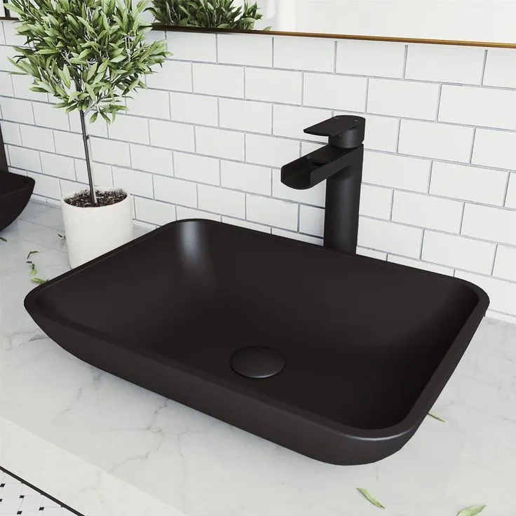 VIGO Sottile Glass Vessel Bathroom Sink in Black with Amada Faucet in Matte Black, photo 4 of 10