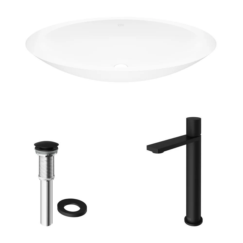 VIGO Matte Stone Oval Vessel Bathroom Sink in White and Gotham Faucet in Matte Black, photo 2 of 12
