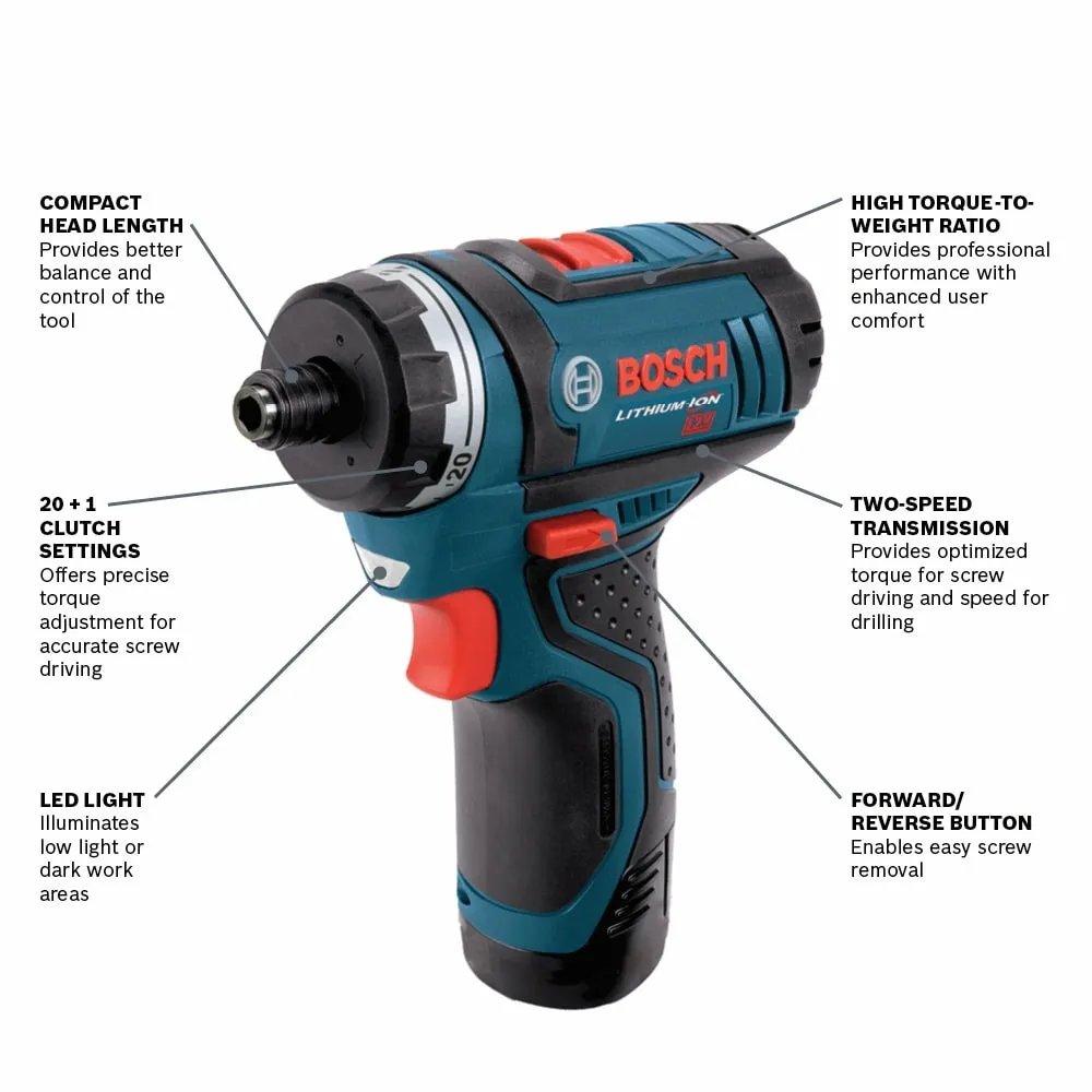 Bosch PS21-2A 12V Max 1/4-in Hex Cordless Drill/Driver Kit with Charger and 2 Batteries, photo 2 of 8