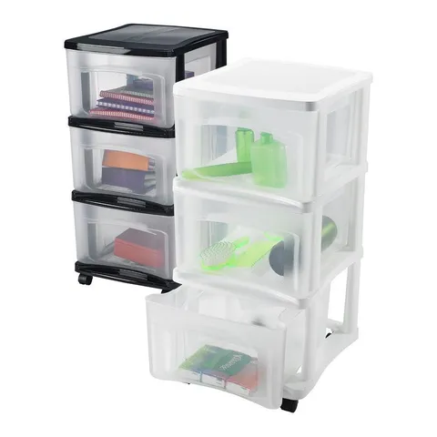 3 Drawers Clear Drawers with White Frame Stackable Wheeled Plastic Cart