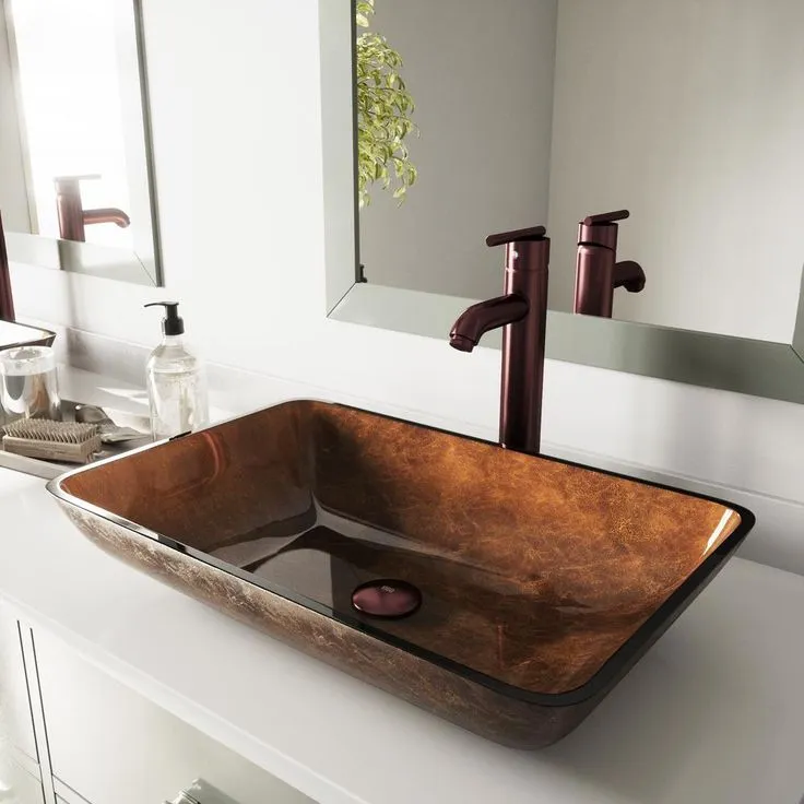 VIGO Rectangular Glass Vessel Bathroom Sink in Russet with Faucet Set in Oil Rubbed Bronze, photo 3 of 11