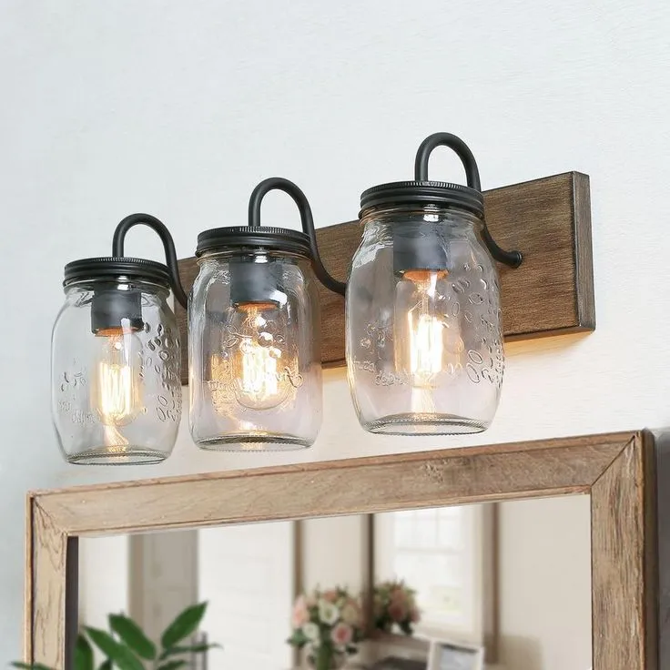 Vanity Araphi 3-Light Black Modern Farmhouse Metal Bathroom Wall Sconce with Walnut Wood Accents LED Compatible, photo 2 of 10