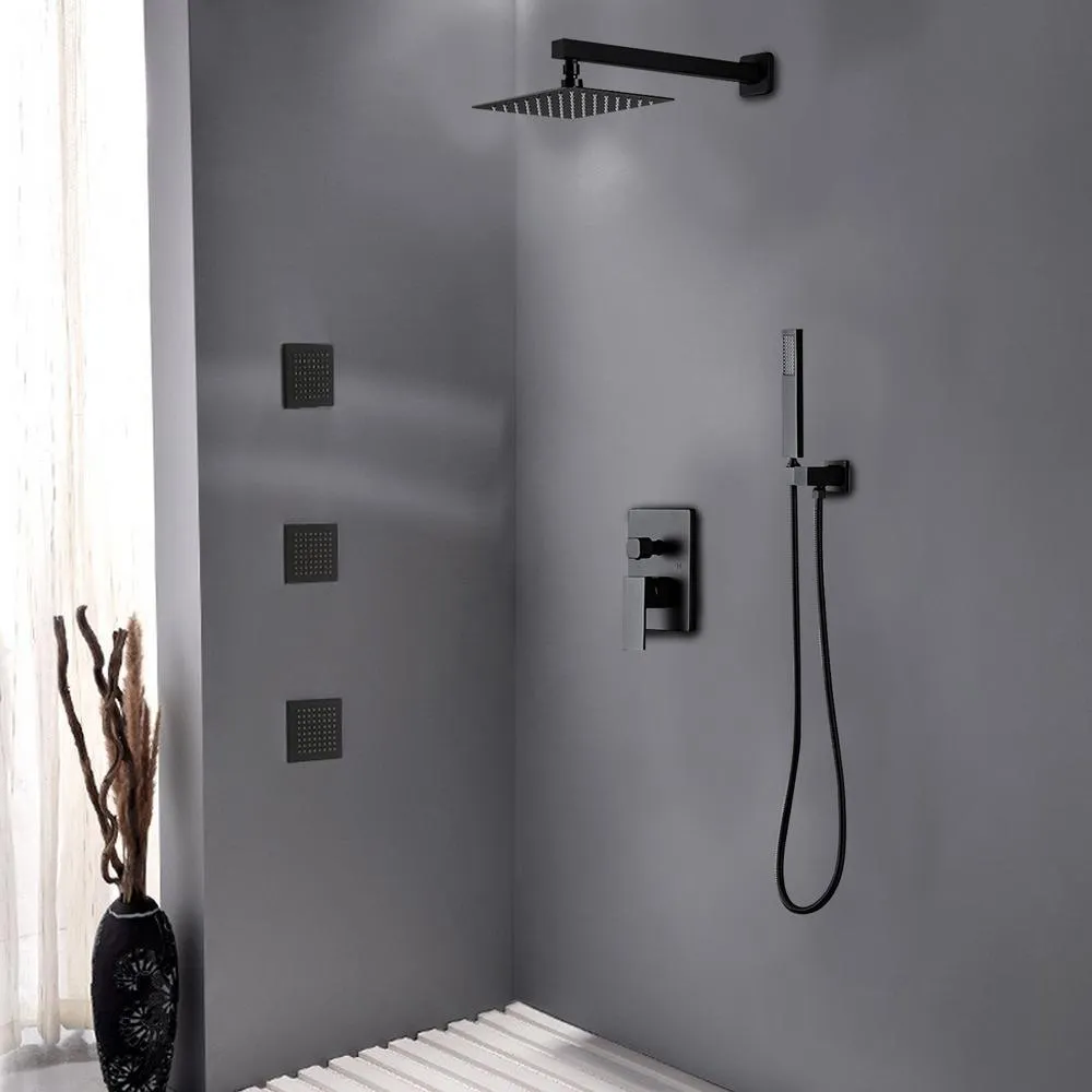 1-Spray Patterns with 1.5 GPM 10 in. Wall Mount Dual Shower Heads with Pressure Balance Valve in Matte Black, photo 3 of 8