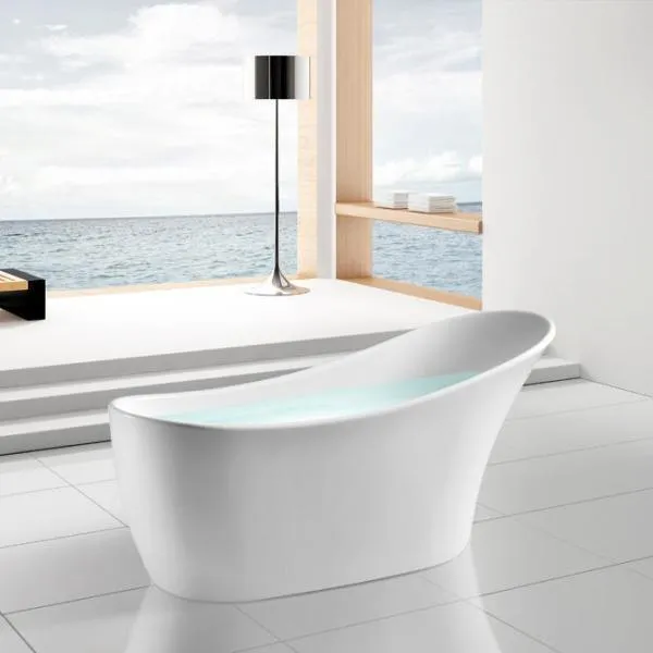 59 in. Fiberglass Center Drain Oval Double Ended Flatbottom Freestanding Bathtub in Glossy White, photo 3 of 5