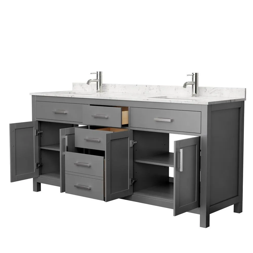Beckett 72 in. W x 22 in. D Double Bath Vanity in Dark Gray with Cultured Marble Vanity Top in Carrara with White Basins, photo 2 of 53