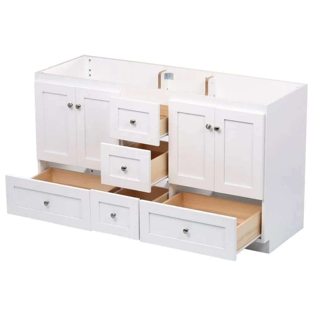 Shaker 60 in. W x 21 in. D x 34.5 in. H Vanity for Double Basins Cabinet Only in Satin White, photo 4 of 19