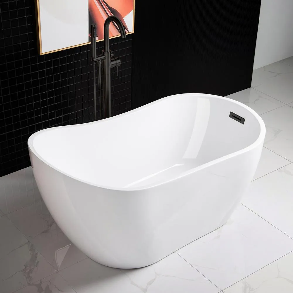 WOODBRIDGE Lannion 54 in. Acrylic Freestanding Single Slipper Flat Bottom Soaking Bathtub with Drain and Overflow, White, photo 3 of 7
