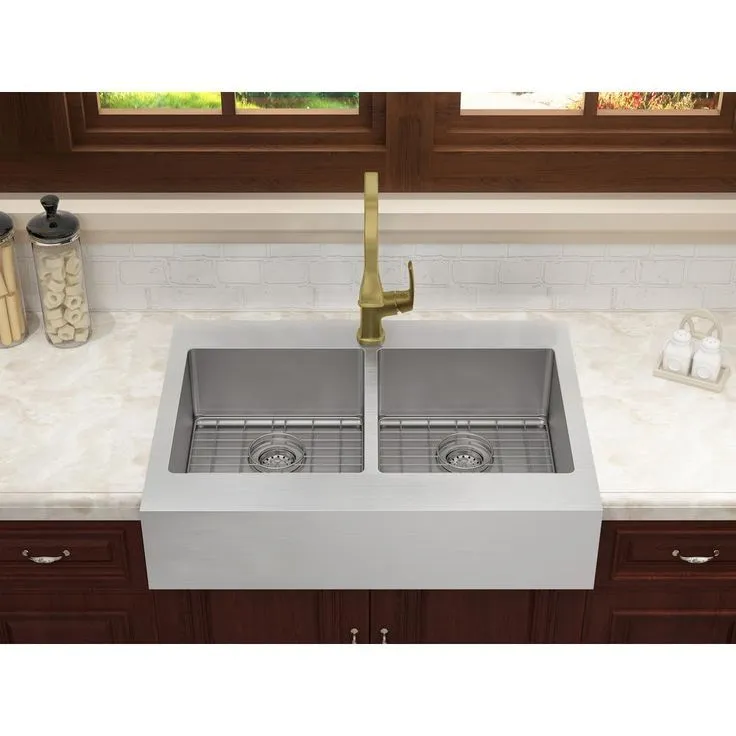 Brimley Retrofit Dual Mount Stainless Steel 33 in. 1-Hole 50/50 Double Bowl Flat Farmhouse Apron Front Kitchen Sink, photo 2 of 7
