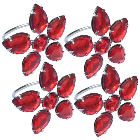 2 × 1.5 in Crystal Red Flower Napkin Rings (Set of 4), Metal