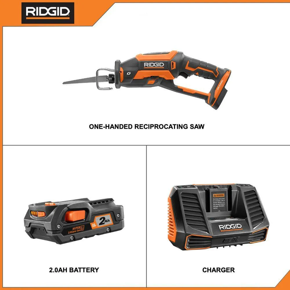 RIDGID 18-Volt OCTANE Cordless Brushless One-Handed Reciprocating Saw with 18-Volt Lithium-Ion 2.0 Ah Battery and Charger Kit, photo 2 of 14