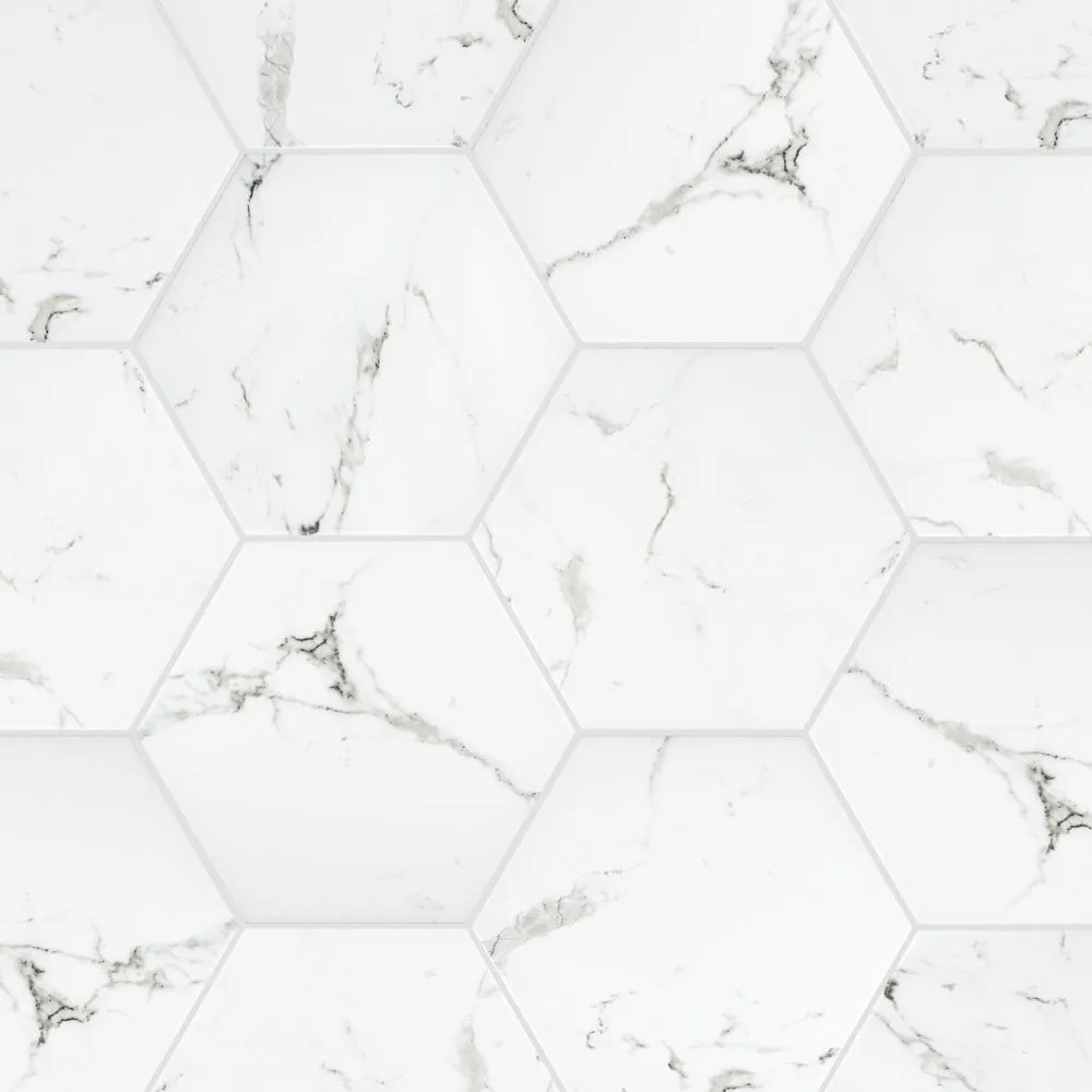 Merola Tile Timeless Calacatta Hex 8-5/8 in. x 9-7/8 in. Porcelain Floor and Wall Tile (11.56 sq. ft. / Case), photo 5 of 20