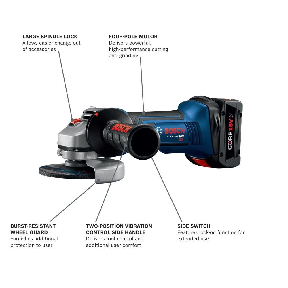 Bosch 4.5-in CORE18V Sliding Switch Brushless Cordless Angle Grinder Kit with 1 Battery and Charger, photo 2 of 8