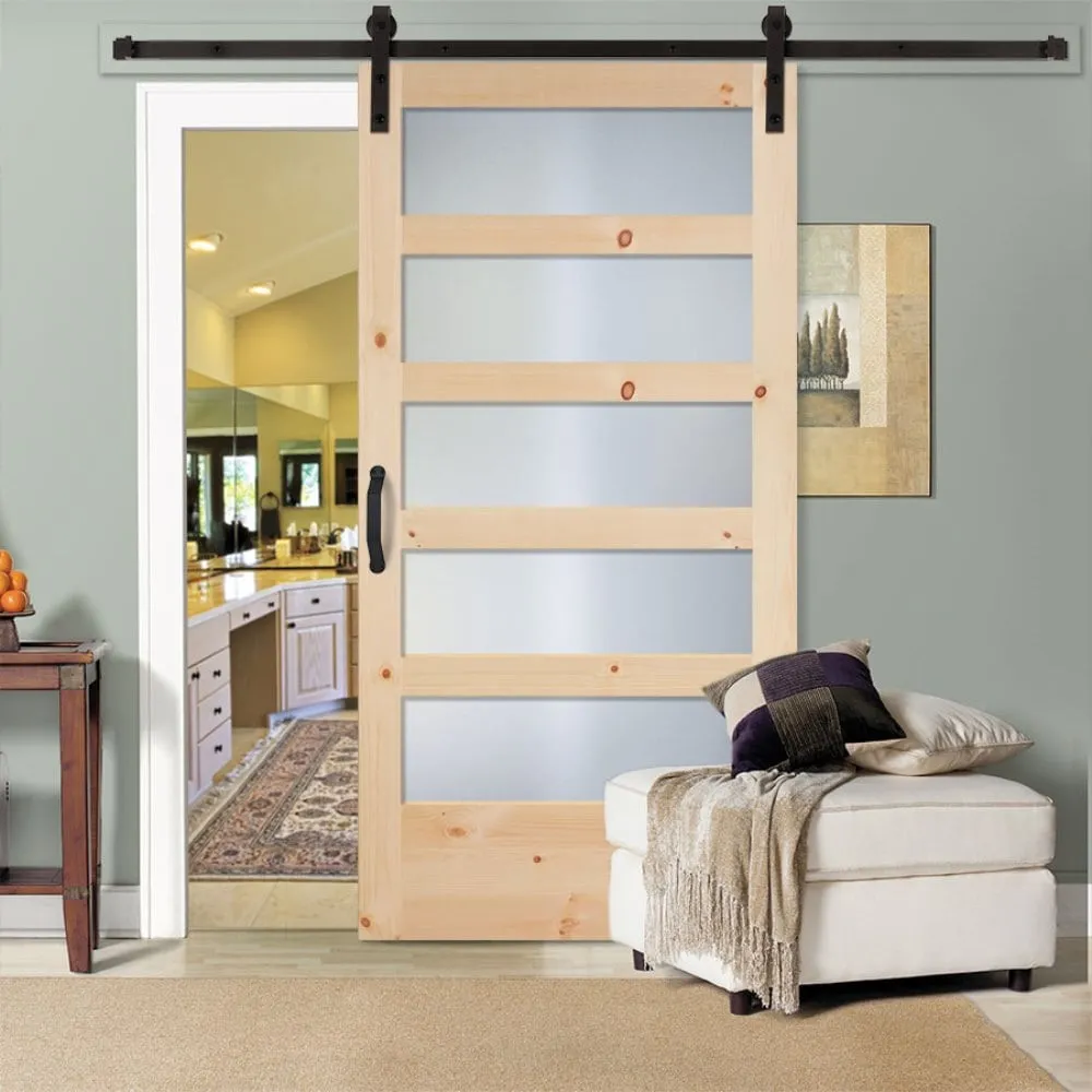 Masonite 42-in x 84-in Natural Unfinished Knotty Pine 5-Lite Frosted Glass Single Barn Door (Slab Only), photo 2 of 6