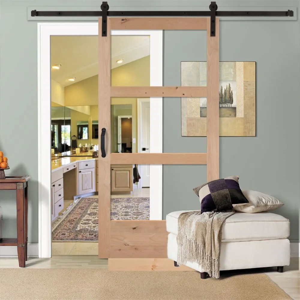 Masonite Traditional 36-in x 84-in Natural Unfinished Knotty Alder Wood Single Barn Door with Clear Glass (Slab Only), photo 2 of 6