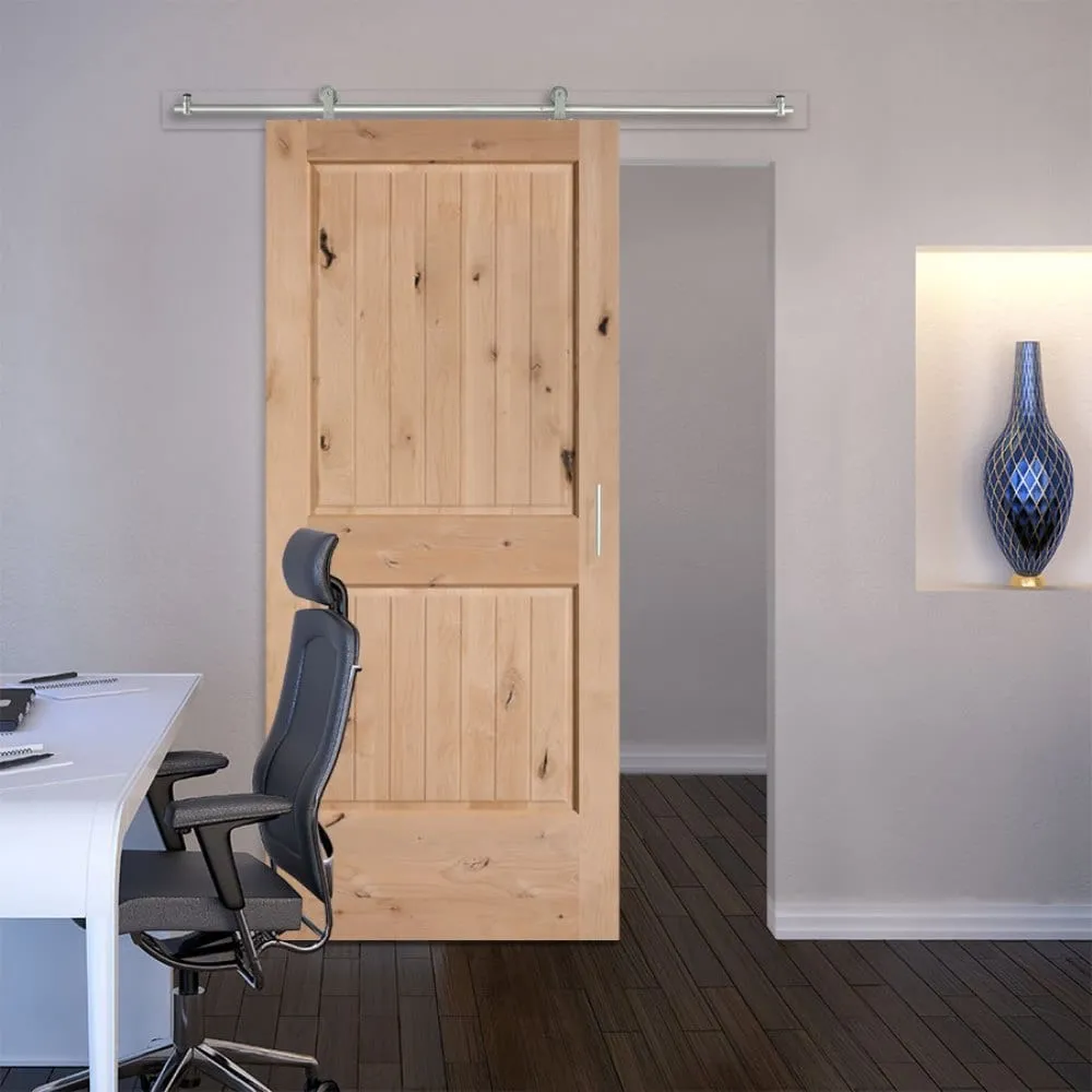 Masonite Traditional 42-in x 84-in Natural 2-Panel Unfinished Knotty Alder Wood Single Barn Door, photo 2 of 6
