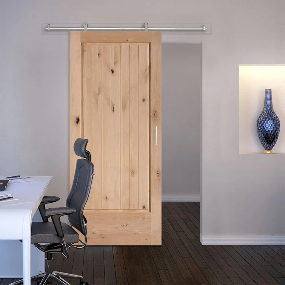 Masonite Traditional 36-in x 84-in Natural Unfinished Knotty Pine Wood Single Barn Door, photo 2 of 6
