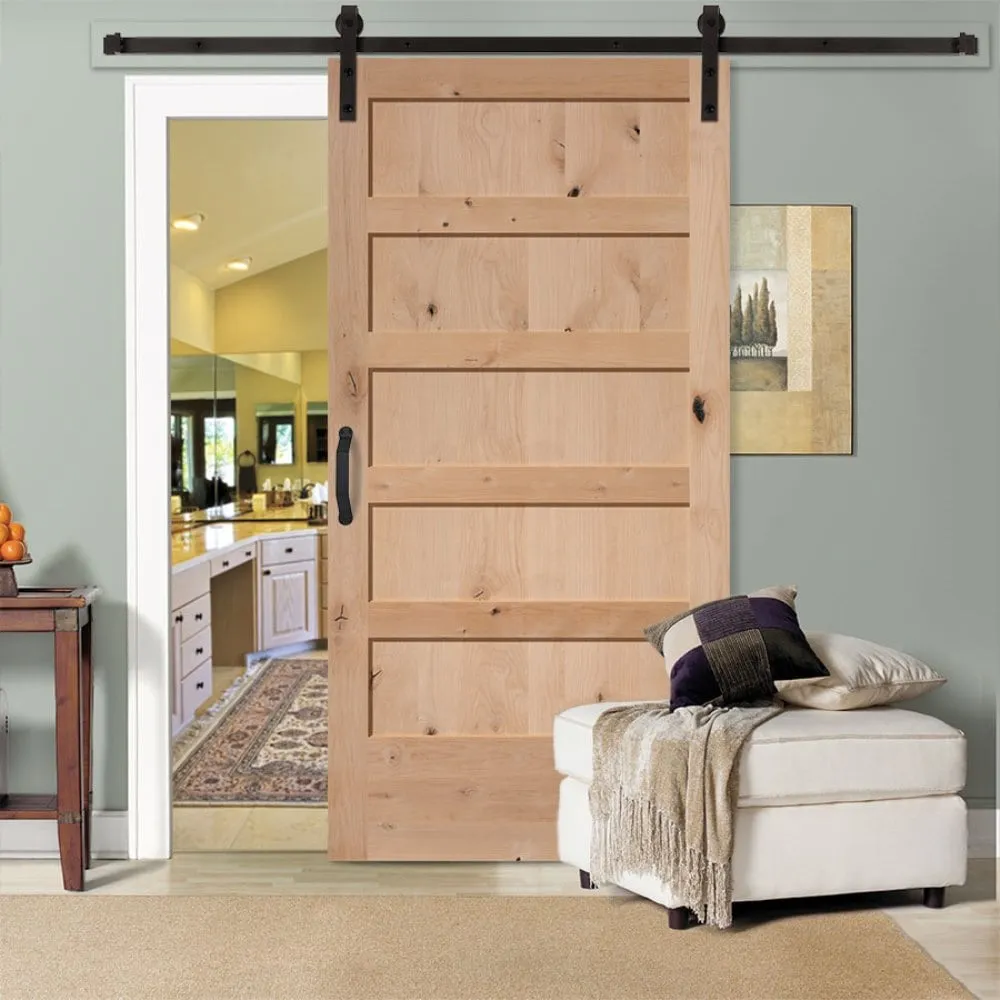 Masonite Traditional 42-in x 84-in Natural 5-Panel Unfinished Knotty Alder Wood Single Barn Door, photo 2 of 6