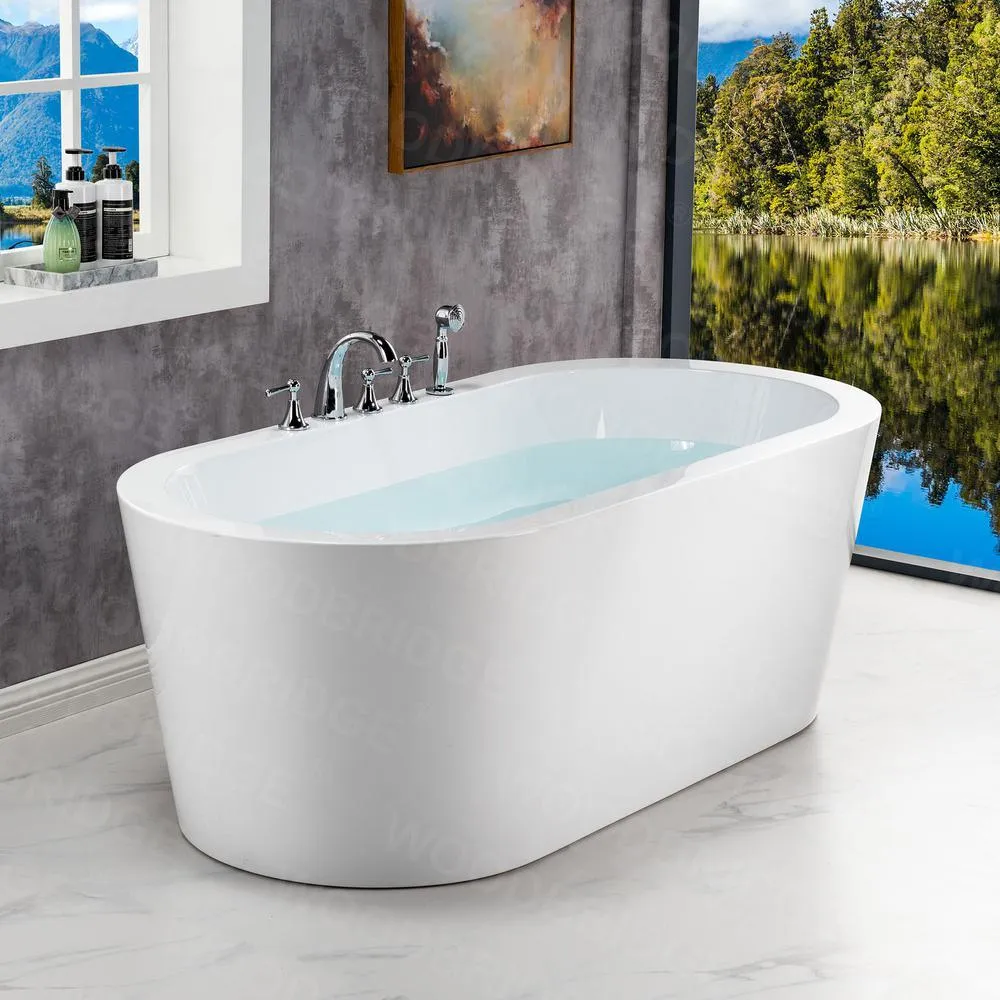 WOODBRIDGE Vienna 66 in. Acrylic Freestanding Double-Ended Soaking Bathtub with Drain and Overflow Included in White, photo 10 of 22
