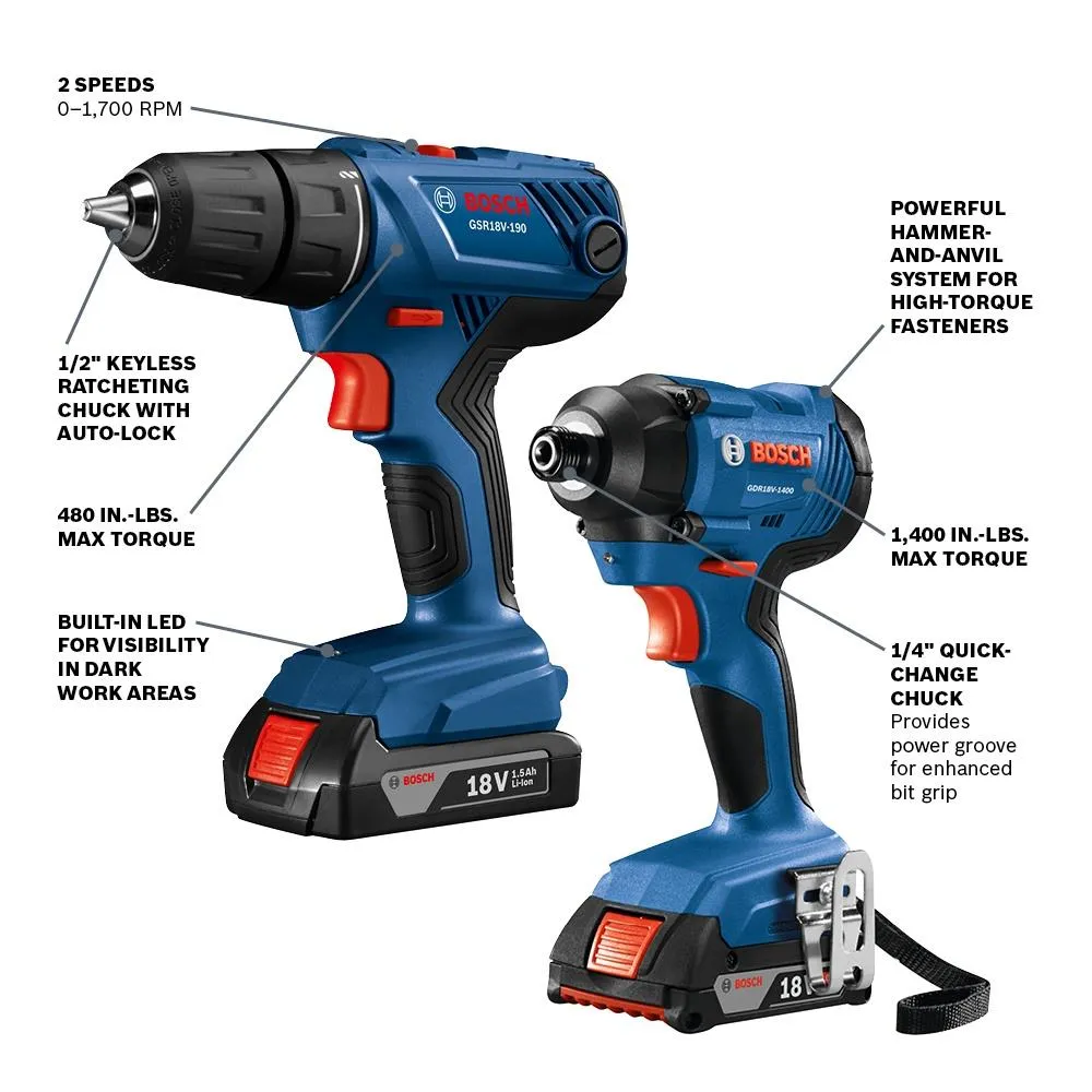 Bosch 18V 2-Tool Cordless Combo Kit with Soft Case, Charger and (2) 2.0Ah Batteries, photo 2 of 8
