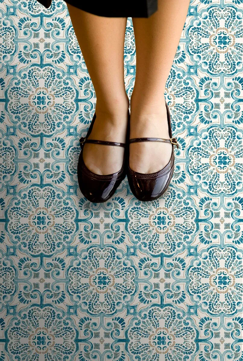 FloorPops Fontaine 12-in x 12-in Blue Peel and Stick Vinyl Floor Tile, 20-Pack (20-sq ft), photo 8 of 8