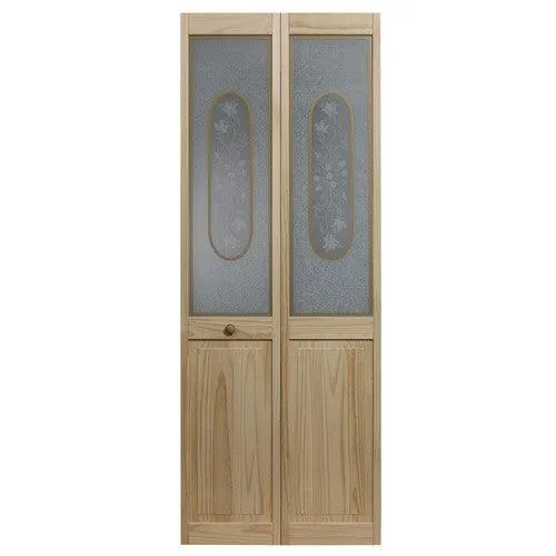 Pinecroft Victorian 36-in x 80-in Unfinished Pine Wood 2-Panel Square Patterned Glass Unfinished Pine Wood Bifold Door (Hardware Included), photo 3 of 3