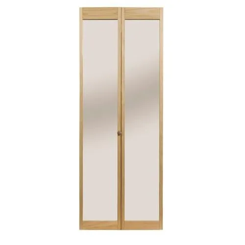 Pinecroft Mirror 36-in x 80-in Unfinished Pine Wood 2-Panel Square Mirrored Glass Unfinished Pine Wood Bifold Door (Hardware Included), photo 3 of 5