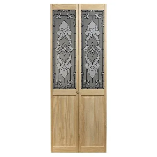 Pinecroft Bristro 30-in x 80-in Unfinished Pine Wood 2-Panel Square Patterned Glass Unfinished Pine Wood Bifold Door (Hardware Included), photo 3 of 3