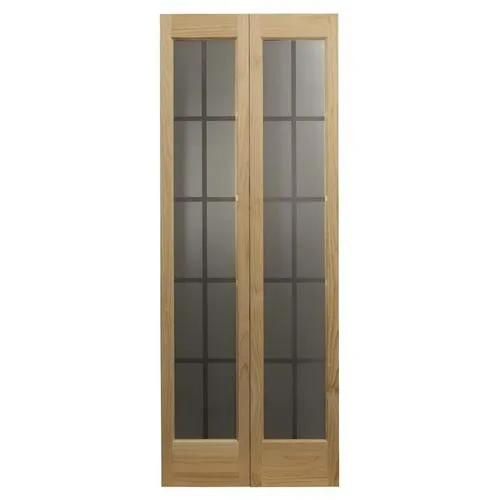 Pinecroft Mission 32-in x 80-in Unfinished Pine Wood 2-Panel Square Decorative Glass Unfinished Pine Wood Bifold Door (Hardware Included), photo 2 of 2
