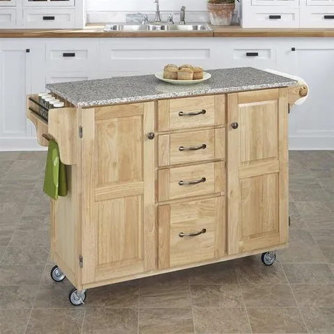 Brown Wood Base with Granite Top Kitchen Cart