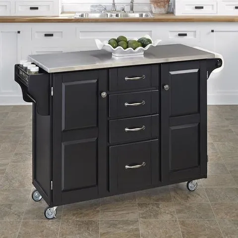 Black Wood Base with Stainless Steel Metal Top Kitchen Cart