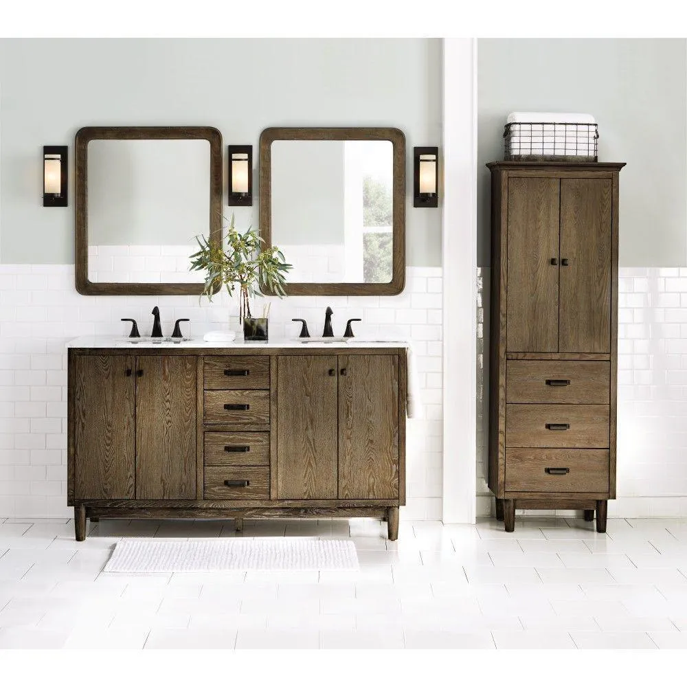 Brisbane 61 in. W x 22 in. D Double Bath Vanity in Weathered Grey Oak with Natural Marble Vanity Top in White, photo 2 of 11